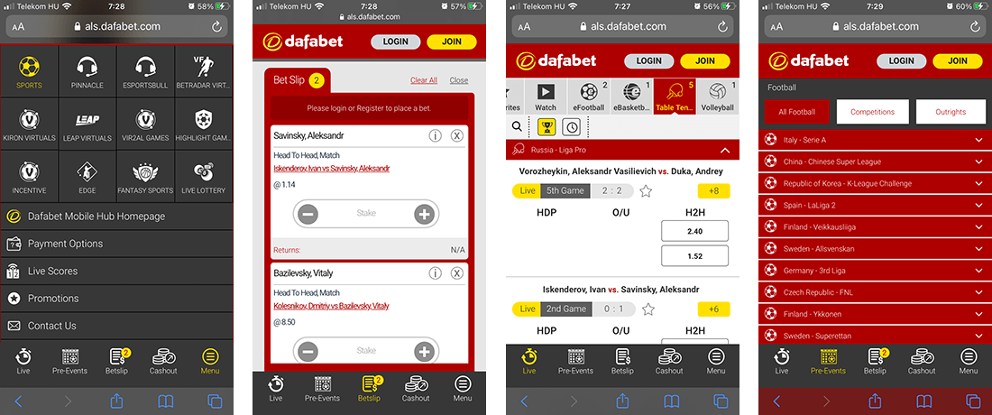 A Dafabet mobiloldala teljesen reszponzív, jól áttekinthető és kiváló a navigációja