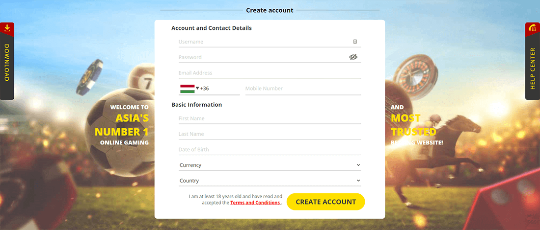 Dafabet's registration process is very simple with only one form to fill out